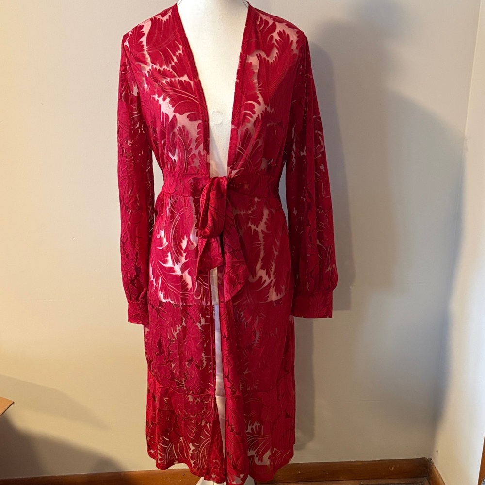 Amber Skies Red Lace Floral Swim Suit Cover Up Dress. Size Large